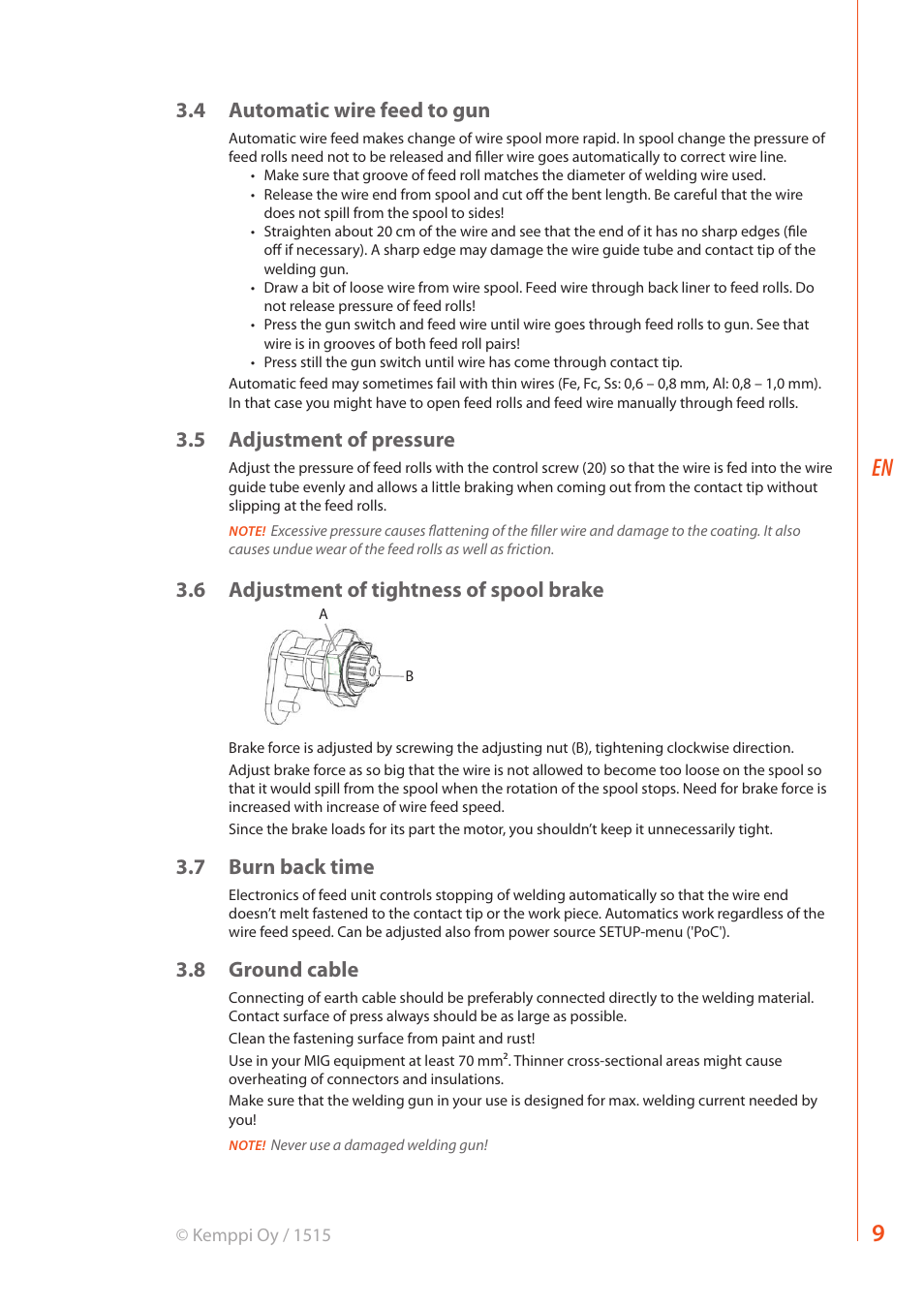 4 automatic wire feed to gun, 5 adjustment of pressure, 6 adjustment of tightness of spool brake | 7 burn back time, 8 ground cable | Kemppi MF 29 User Manual | Page 11 / 18