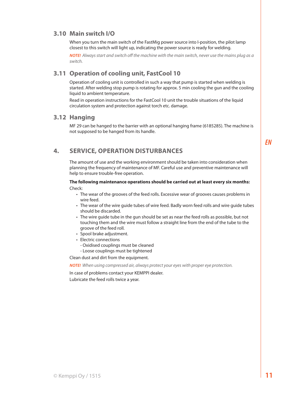 10 main switch i/o, 11 operation of cooling unit, fastcool 10, 12 hanging | Service, operation disturbances | Kemppi MF 29 User Manual | Page 13 / 18
