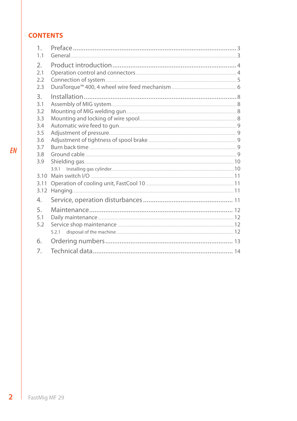 Contents 1. preface, Product introduction, Installation | Service, operation disturbances, Maintenance, Ordering numbers, Technical data | Kemppi MF 29 User Manual | Page 4 / 18