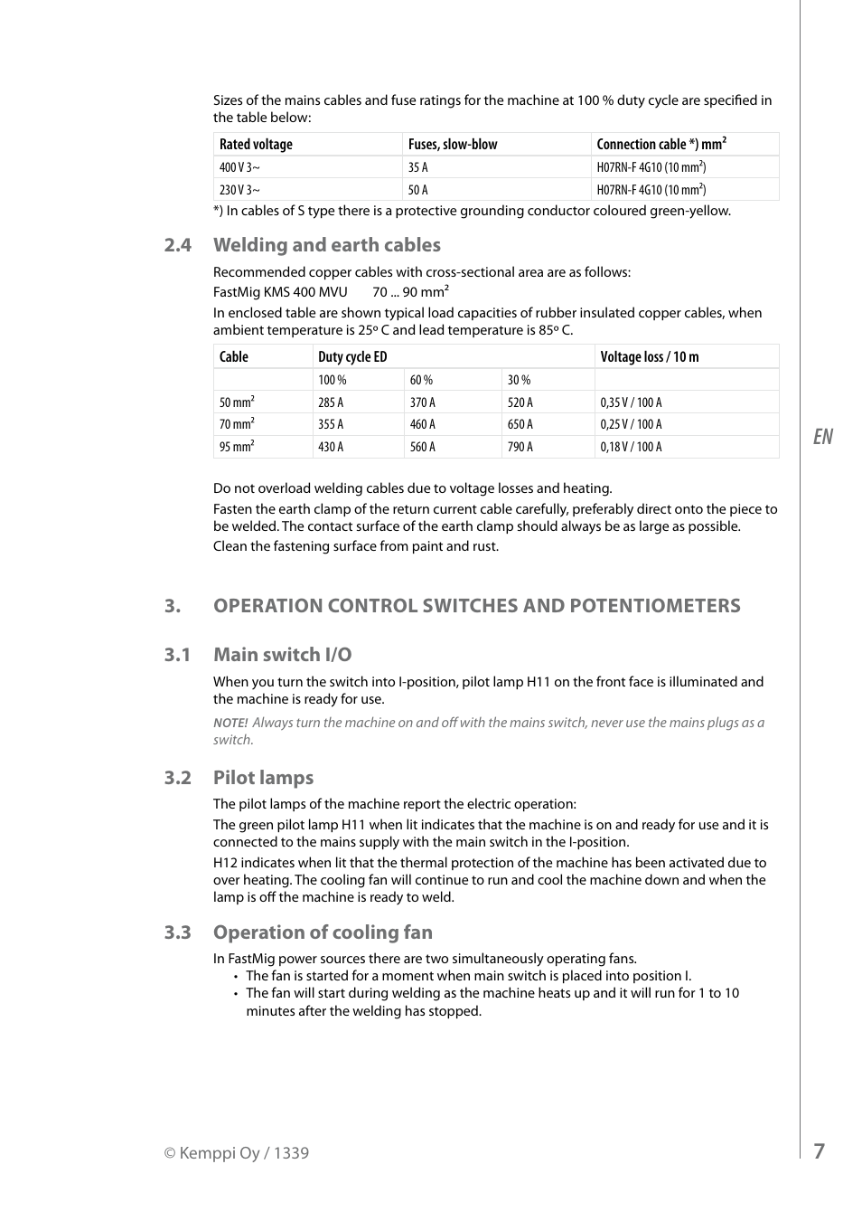 4 welding and earth cables, 2 pilot lamps, 3 operation of cooling fan | Kemppi KMS 400 MVU User Manual | Page 9 / 16