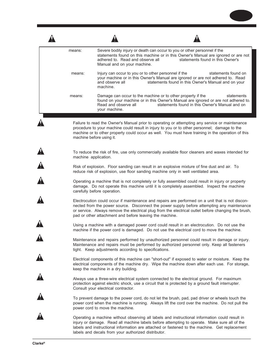 En english, Operator safety instructions | Clarke RS-16 DC User Manual | Page 3 / 15