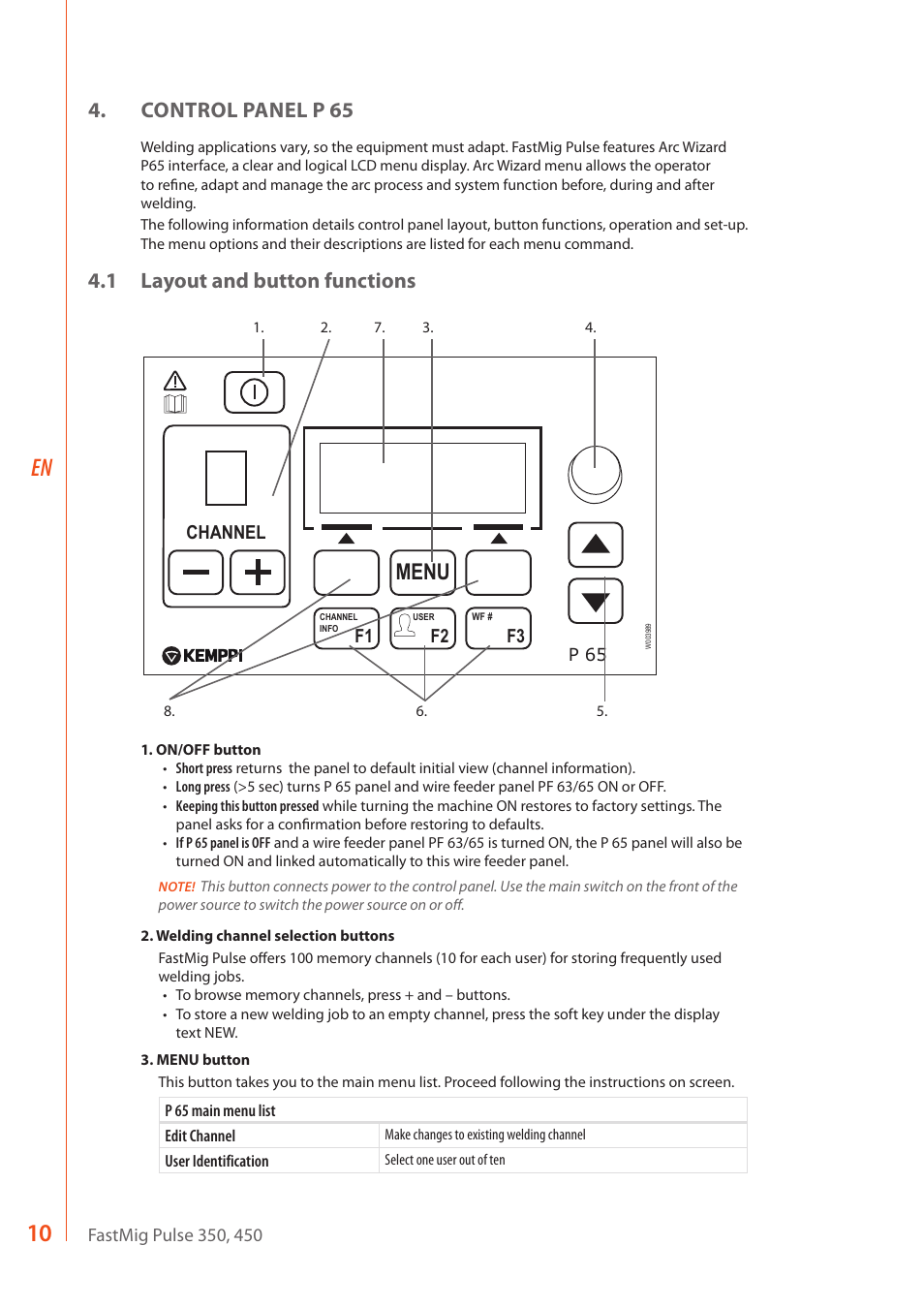 Menu, Control panel p 65, 1 layout and button functions | Kemppi FastMig Pulse 350 User Manual | Page 12 / 30