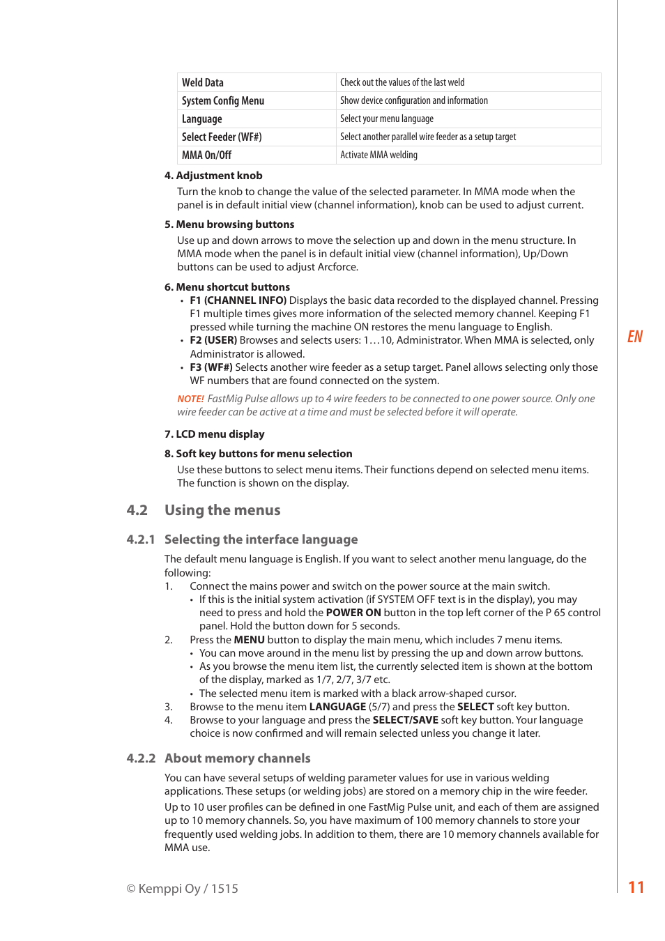 2 using the menus | Kemppi FastMig Pulse 350 User Manual | Page 13 / 30