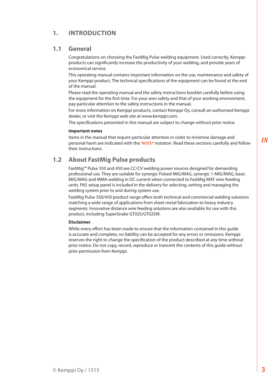 Introduction 1.1 general, 2 about fastmig pulse products | Kemppi FastMig Pulse 350 User Manual | Page 5 / 30