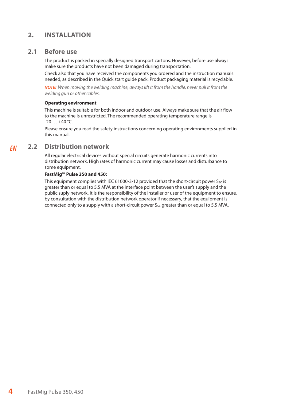 Installation 2.1 before use, 2 distribution network | Kemppi FastMig Pulse 350 User Manual | Page 6 / 30