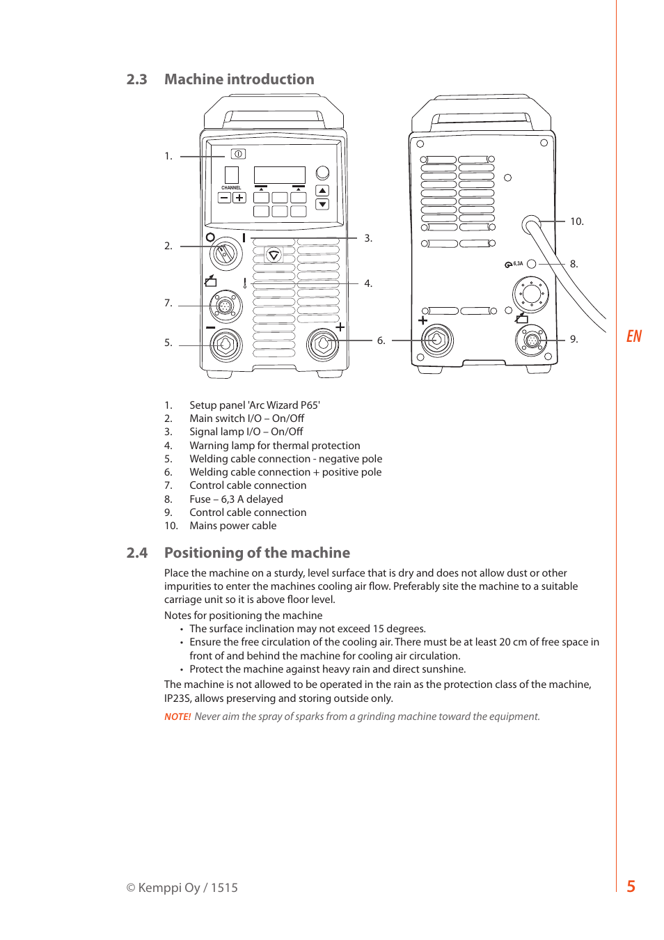 3 machine introduction, 4 positioning of the machine | Kemppi FastMig Pulse 350 User Manual | Page 7 / 30