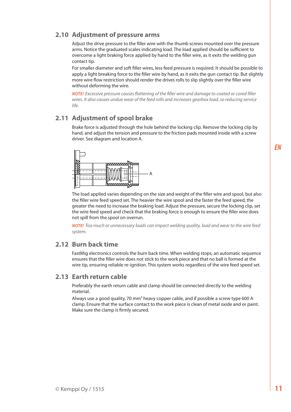 10 adjustment of pressure arms, 11 adjustment of spool brake, 12 burn back time | 13 earth return cable | Kemppi MXF 63 User Manual | Page 13 / 36