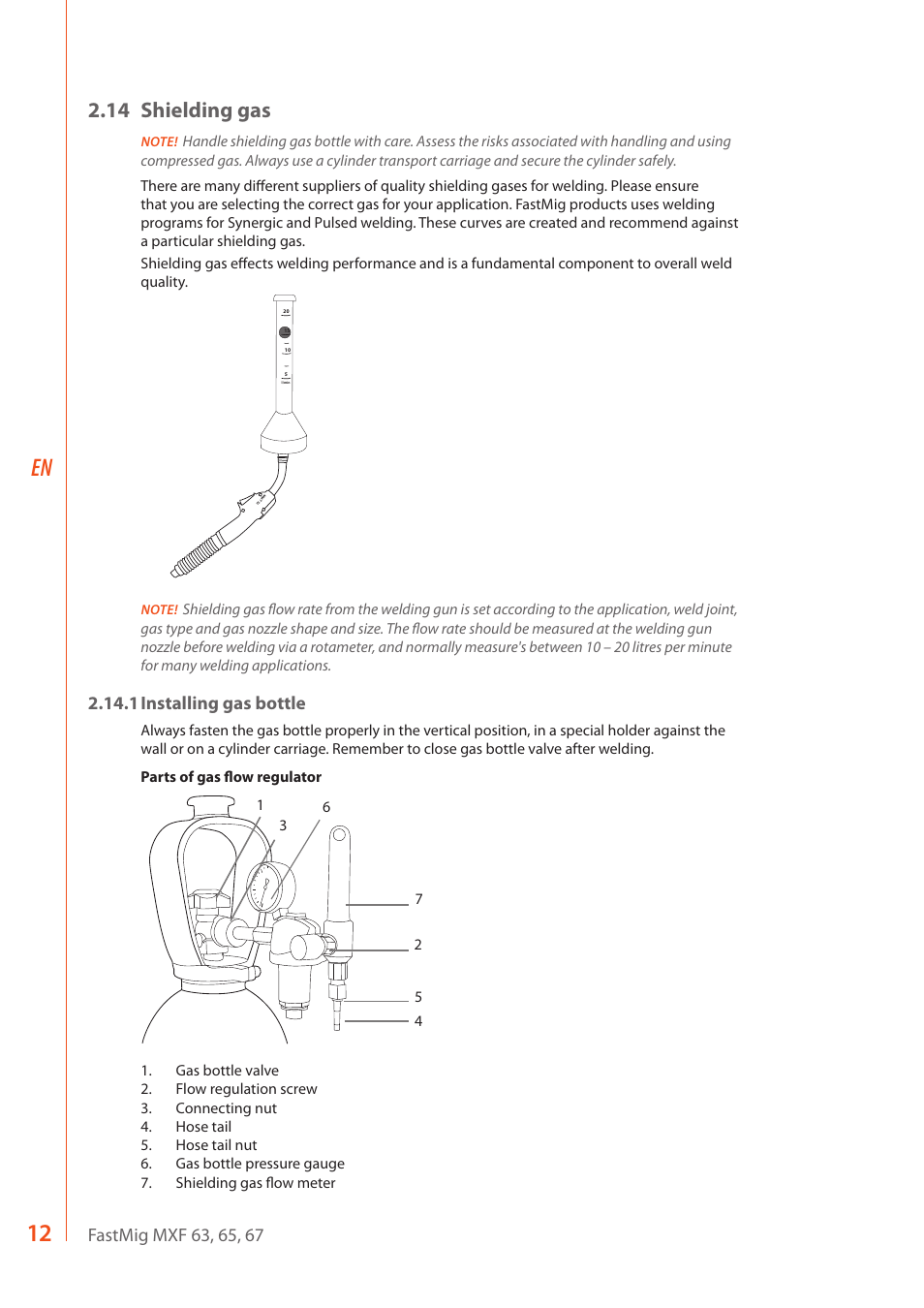14 shielding gas, 1 installing gas bottle | Kemppi MXF 63 User Manual | Page 14 / 36