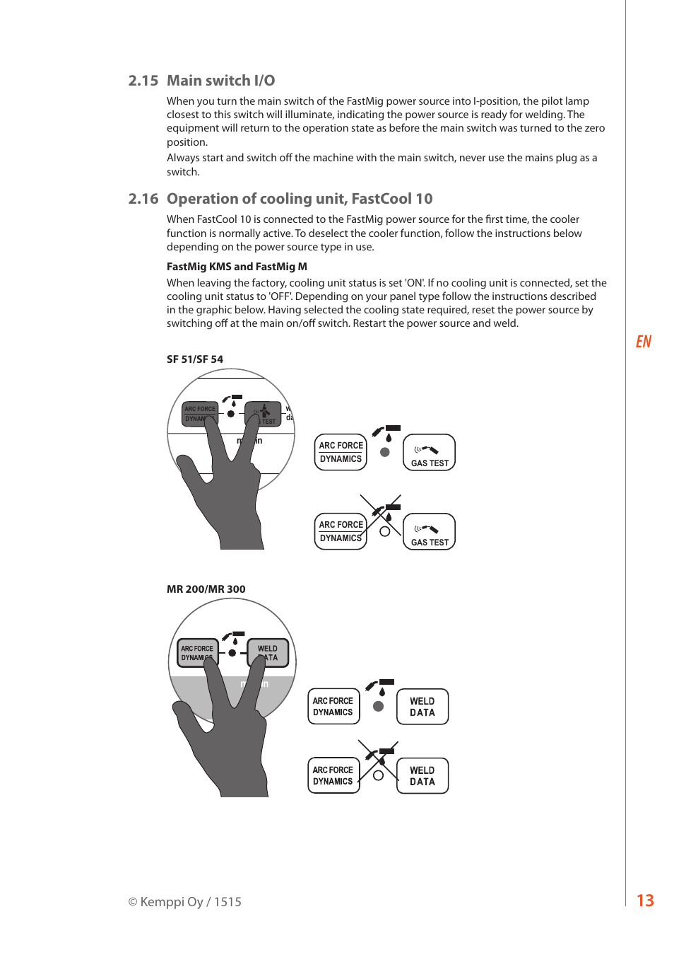 15 main switch i/o, 16 operation of cooling unit, fastcool 10, Sf 51 | Kemppi oy / 1515 | Kemppi MXF 63 User Manual | Page 15 / 36