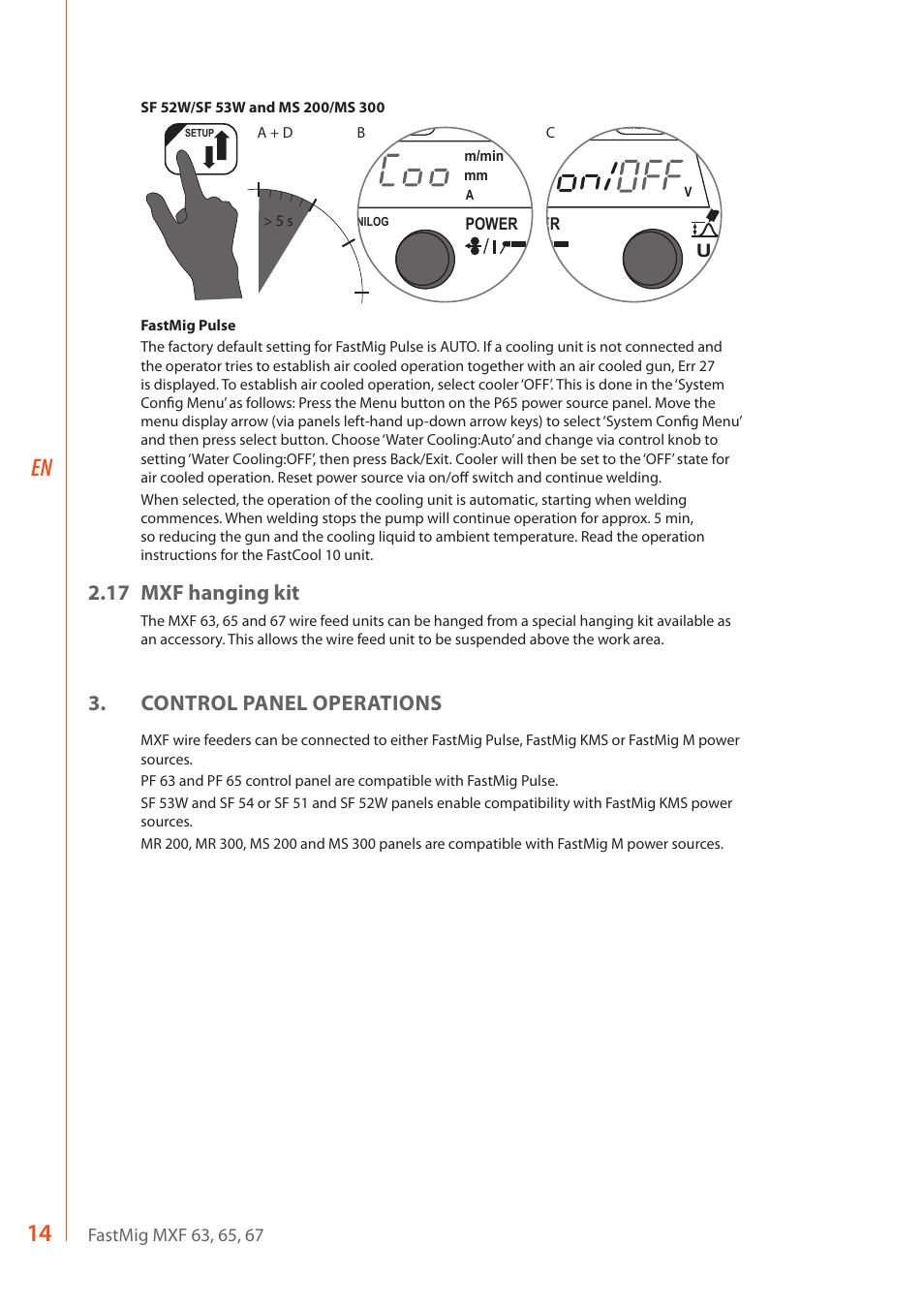Sf 52w, 17 mxf hanging kit, Control panel operations | Power | Kemppi MXF 63 User Manual | Page 16 / 36