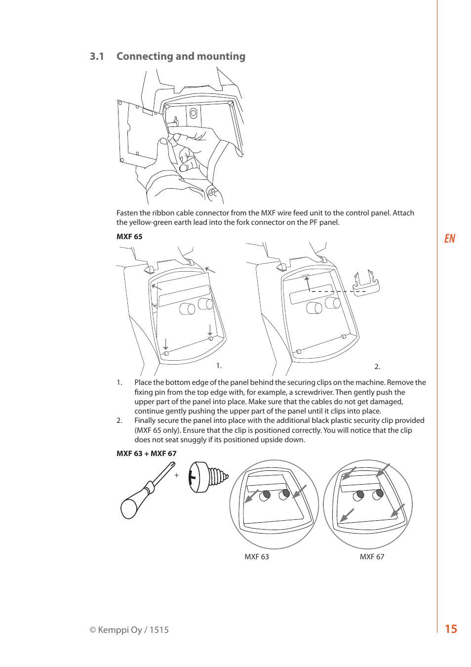 1 connecting and mounting | Kemppi MXF 63 User Manual | Page 17 / 36