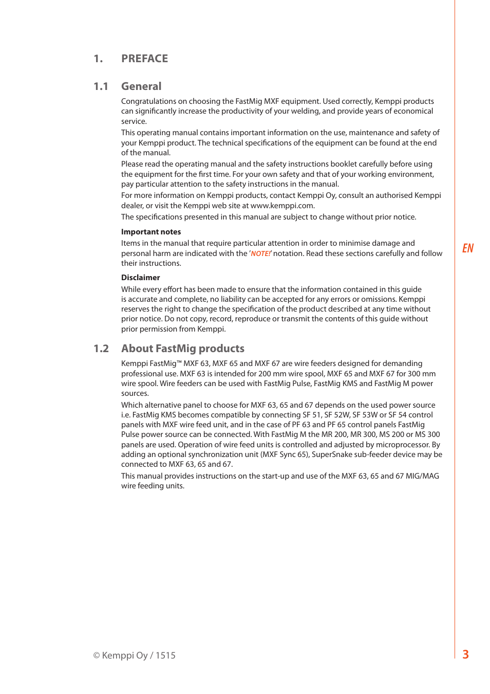 Preface 1.1 general, 2 about fastmig products | Kemppi MXF 63 User Manual | Page 5 / 36