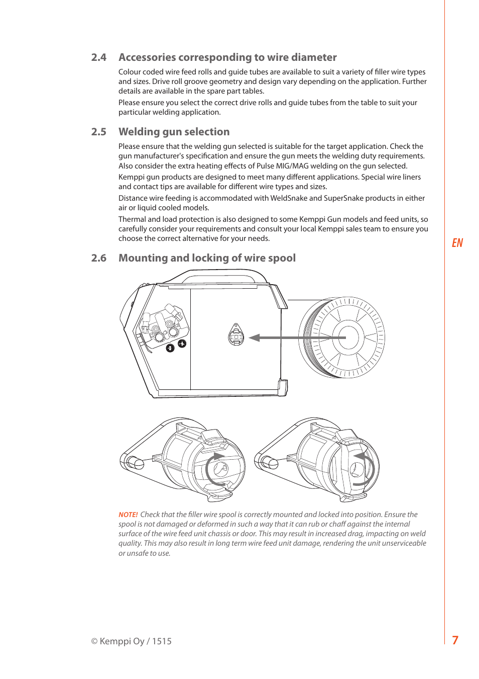 4 accessories corresponding to wire diameter, 5 welding gun selection, 6 mounting and locking of wire spool | Kemppi MXF 63 User Manual | Page 9 / 36
