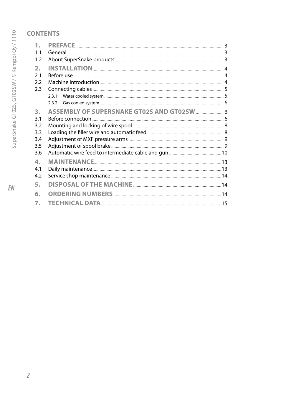 Contents 1. preface, Installation, Assembly of supersnake gt02s and gt02sw | Maintenance, Disposal of the machine, Ordering numbers, Technical data | Kemppi GT02S User Manual | Page 4 / 18