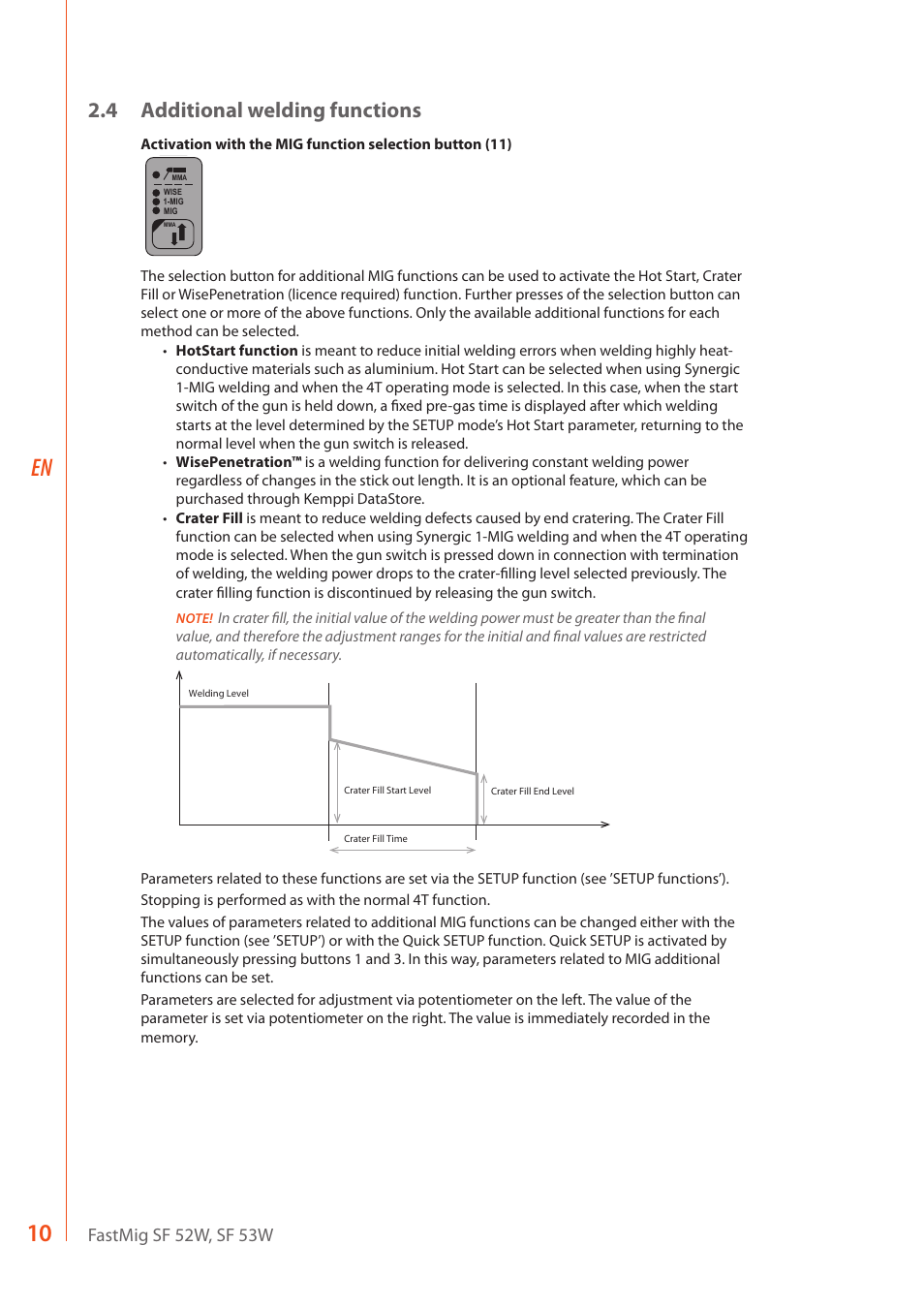 10 en, 4 additional welding functions, Fastmig sf 52w, sf 53w | Sf 53w | Kemppi SF 52W User Manual | Page 12 / 22