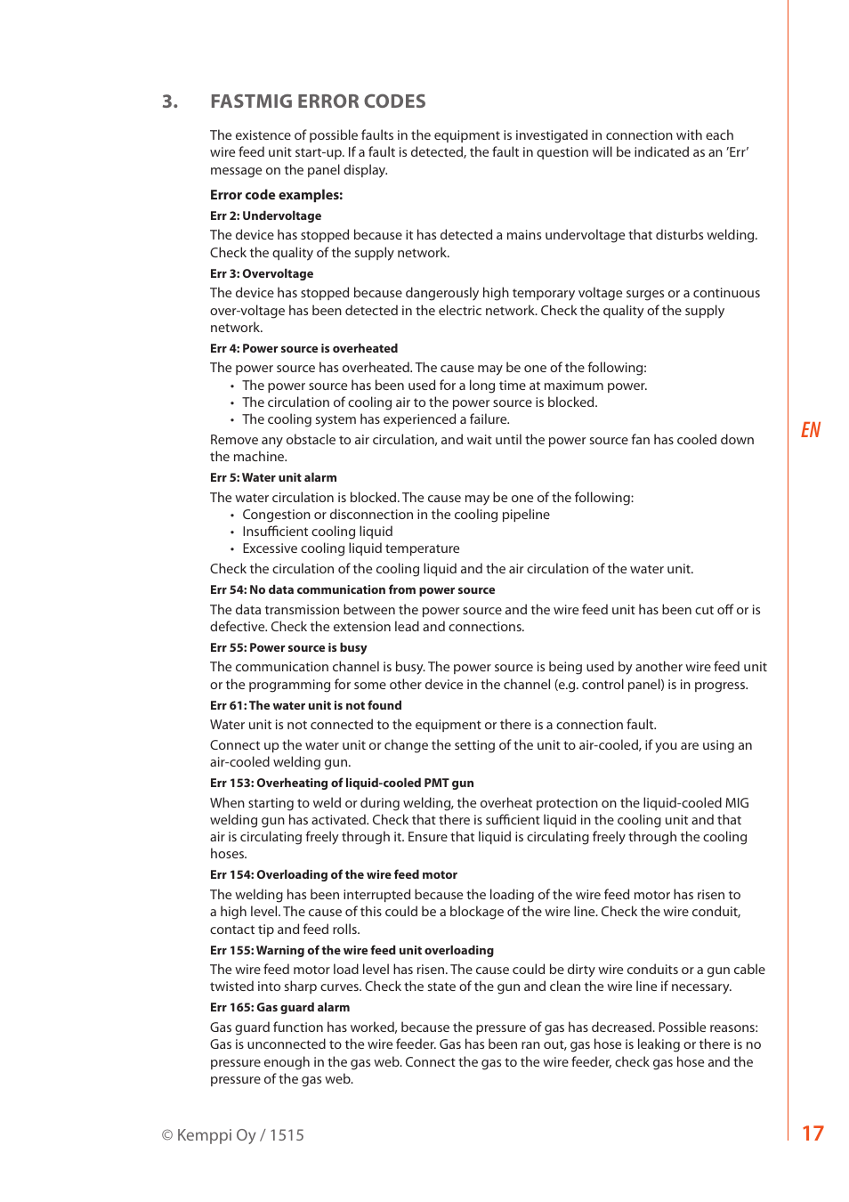 Fastmig error codes | Kemppi SF 52W User Manual | Page 19 / 22
