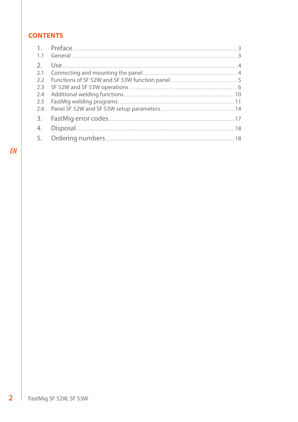 Contents 1. preface, Fastmig error codes, Disposal | Ordering numbers | Kemppi SF 52W User Manual | Page 4 / 22