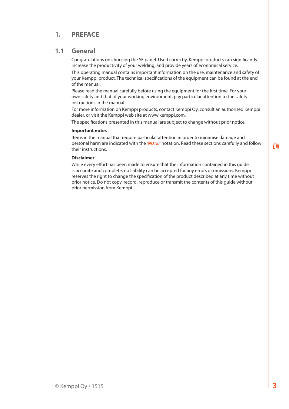 Preface 1.1 general | Kemppi SF 52W User Manual | Page 5 / 22