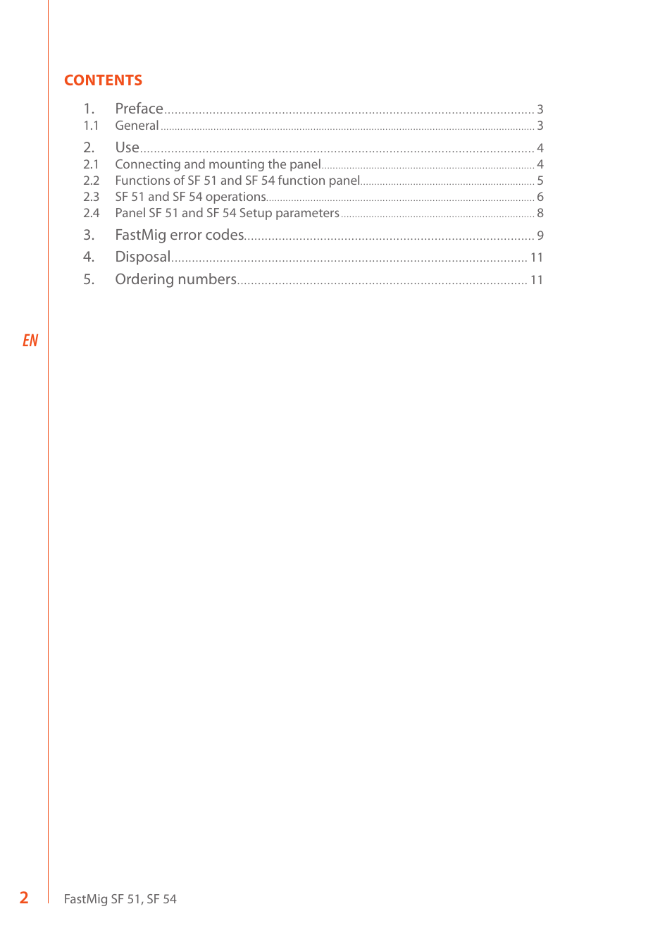 Contents 1. preface, Fastmig error codes, Disposal | Ordering numbers | Kemppi SF 51 User Manual | Page 4 / 14