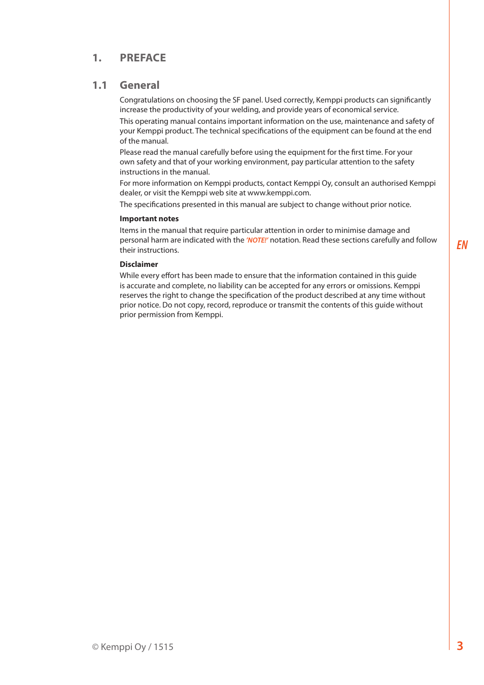 Preface 1.1 general | Kemppi SF 51 User Manual | Page 5 / 14