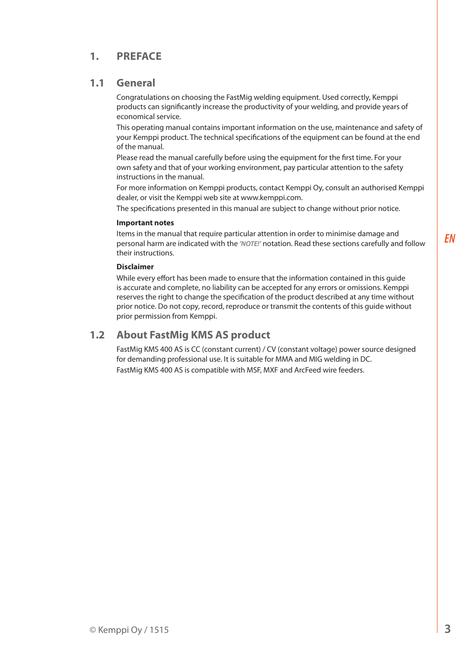 Preface 1.1 general, 2 about fastmig kms as product | Kemppi KMS 400 AS User Manual | Page 5 / 18