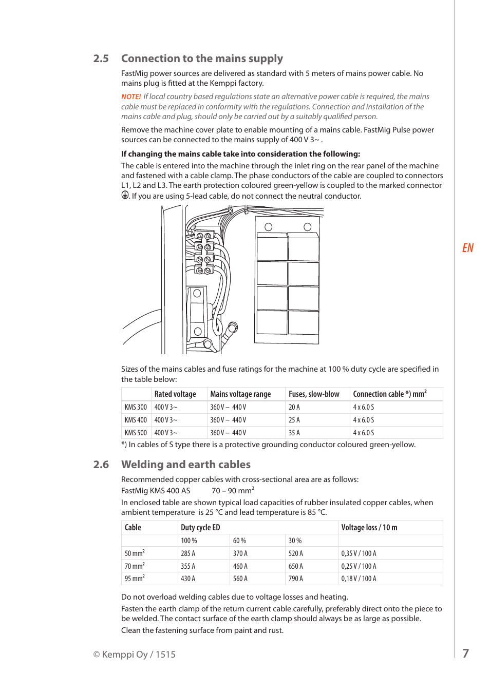5 connection to the mains supply, 6 welding and earth cables | Kemppi KMS 400 AS User Manual | Page 9 / 18