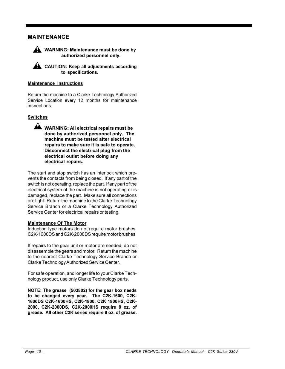 Clarke C2K SERIES User Manual | Page 10 / 88