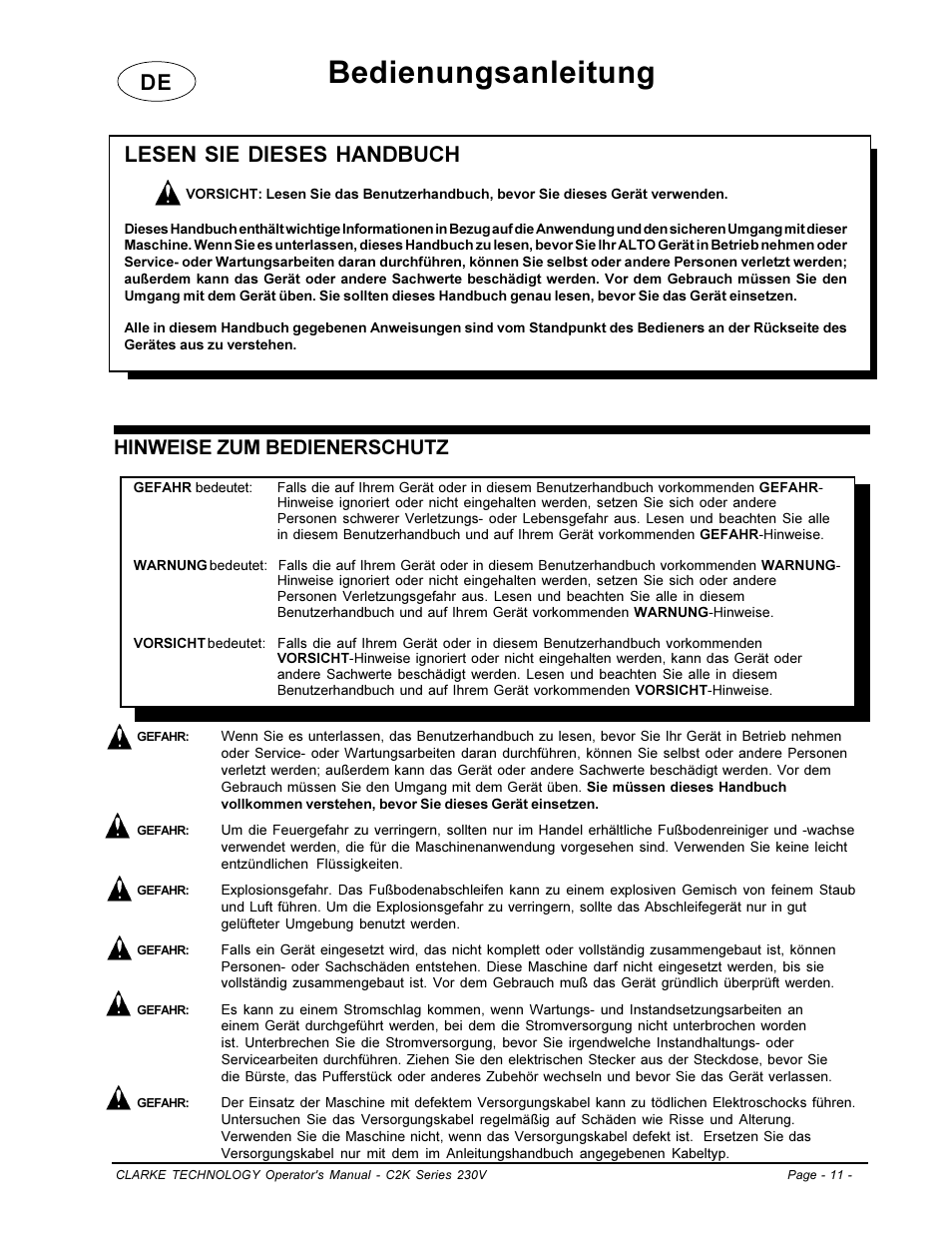 Bedienungsanleitung, Lesen sie dieses handbuch, Hinweise zum bedienerschutz | Clarke C2K SERIES User Manual | Page 11 / 88