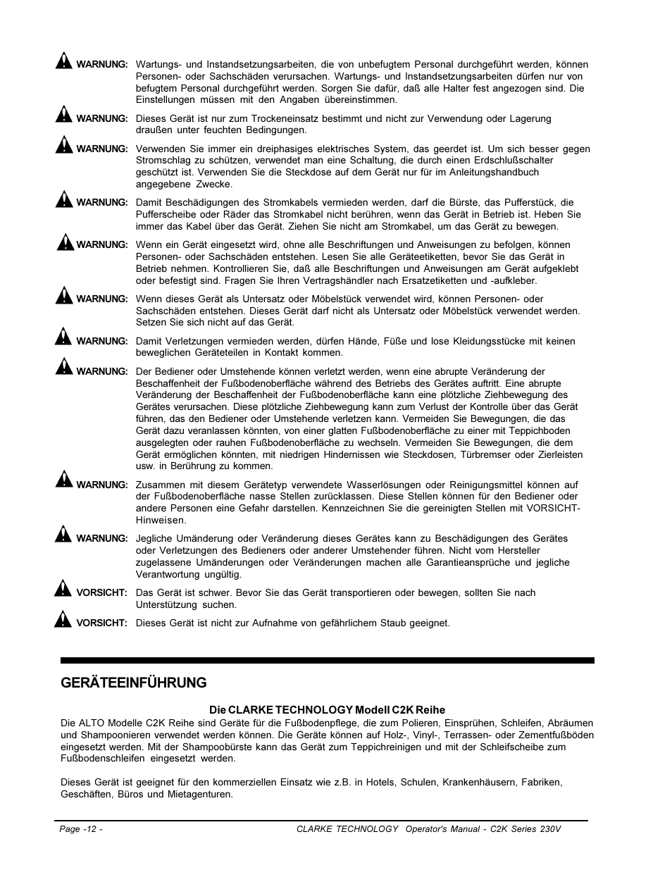 Geräteeinführung | Clarke C2K SERIES User Manual | Page 12 / 88