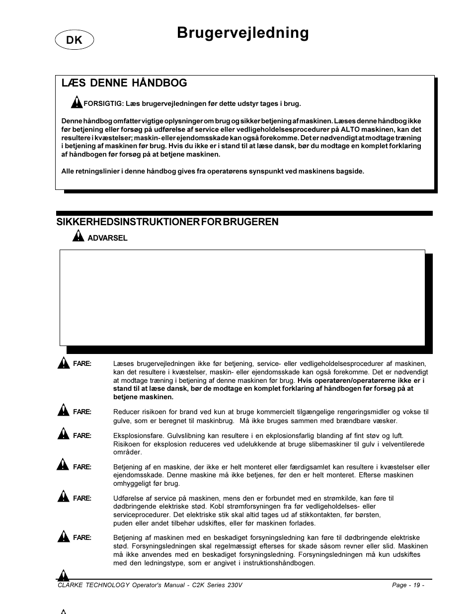 Brugervejledning, Læs denne håndbog, Sikkerhedsinstruktioner for brugeren | Clarke C2K SERIES User Manual | Page 19 / 88