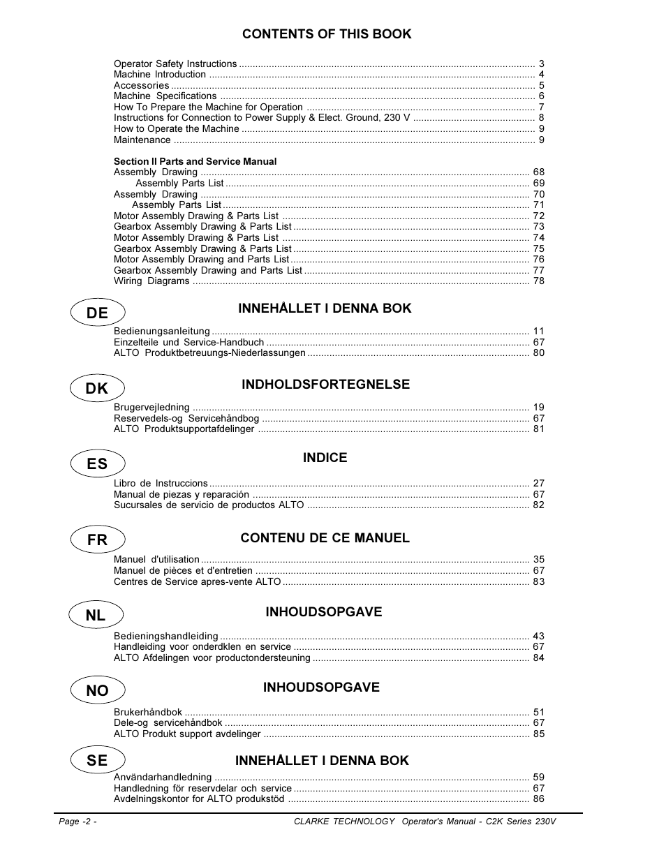 De dk es fr nl no se | Clarke C2K SERIES User Manual | Page 2 / 88