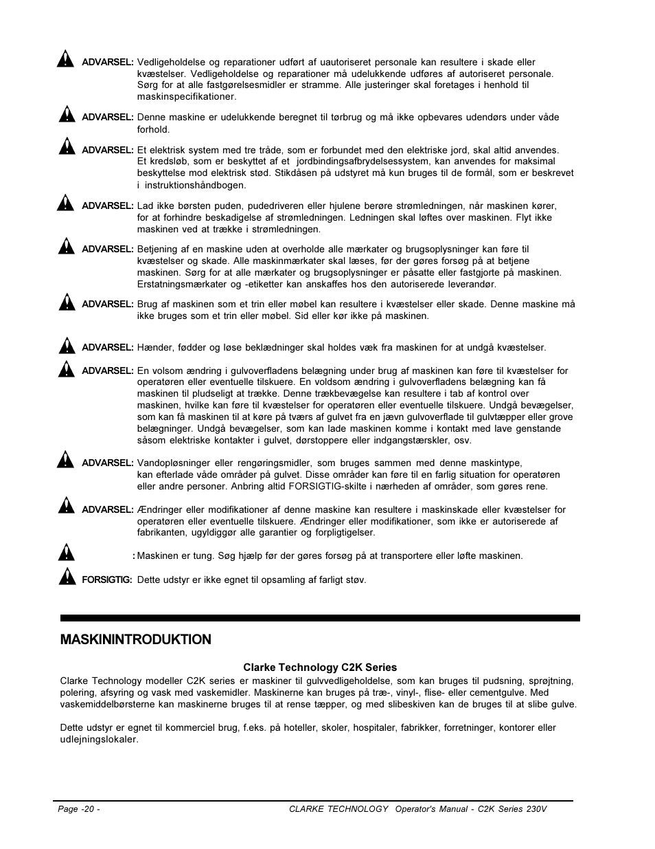 Maskinintroduktion | Clarke C2K SERIES User Manual | Page 20 / 88