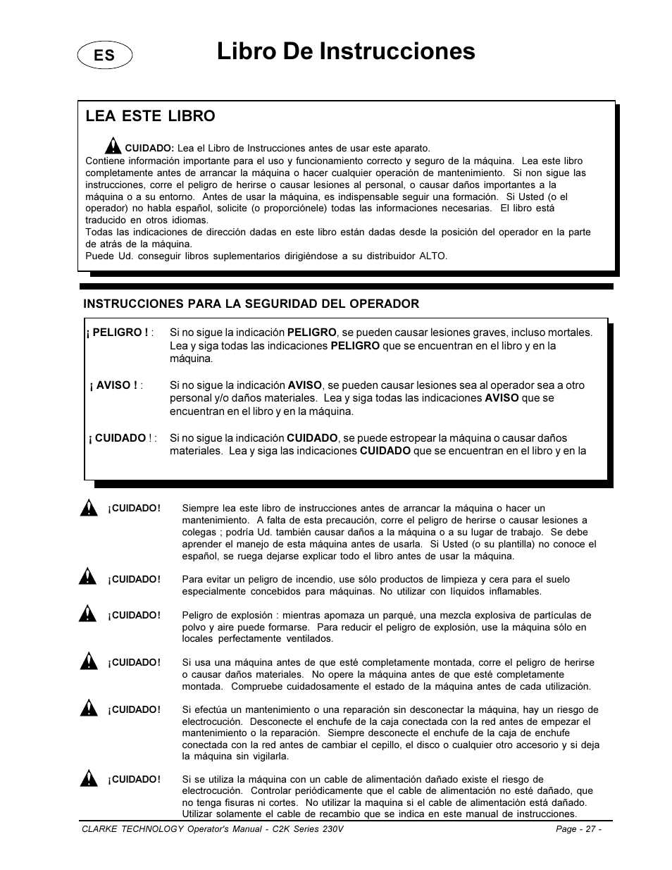Libro de instrucciones, Lea este libro | Clarke C2K SERIES User Manual | Page 27 / 88