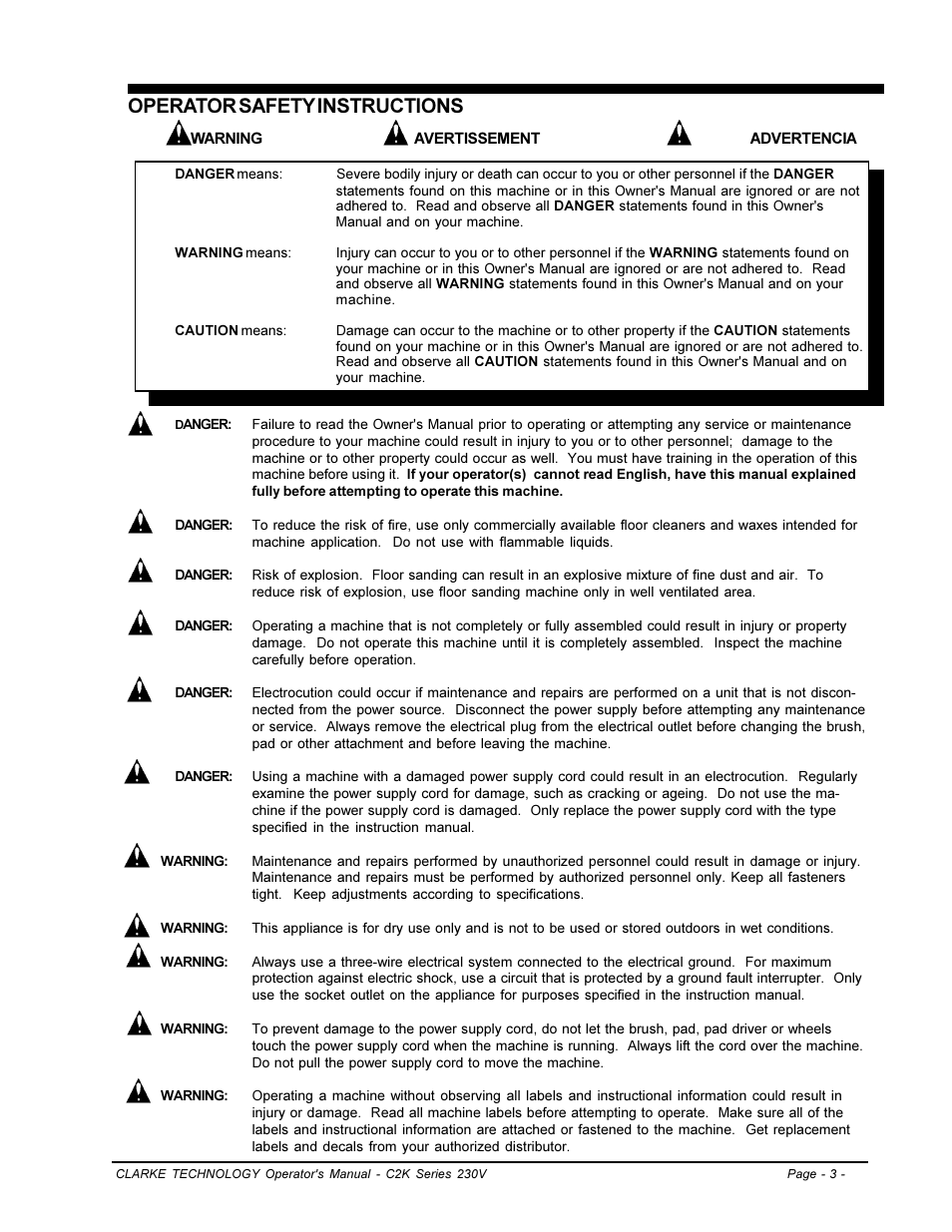 Operator safety instructions | Clarke C2K SERIES User Manual | Page 3 / 88