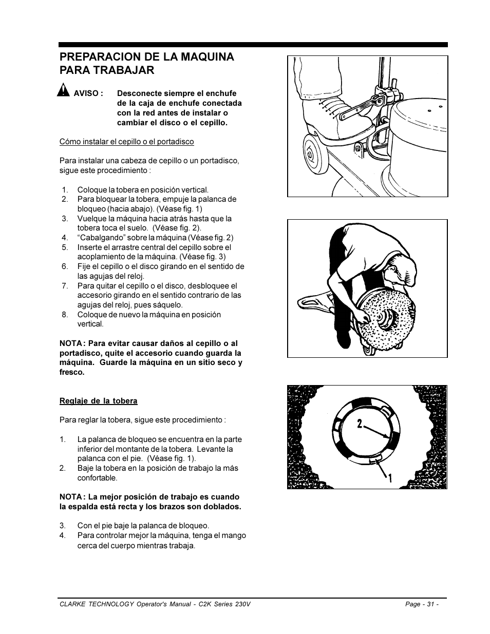 Preparacion de la maquina para trabajar | Clarke C2K SERIES User Manual | Page 31 / 88