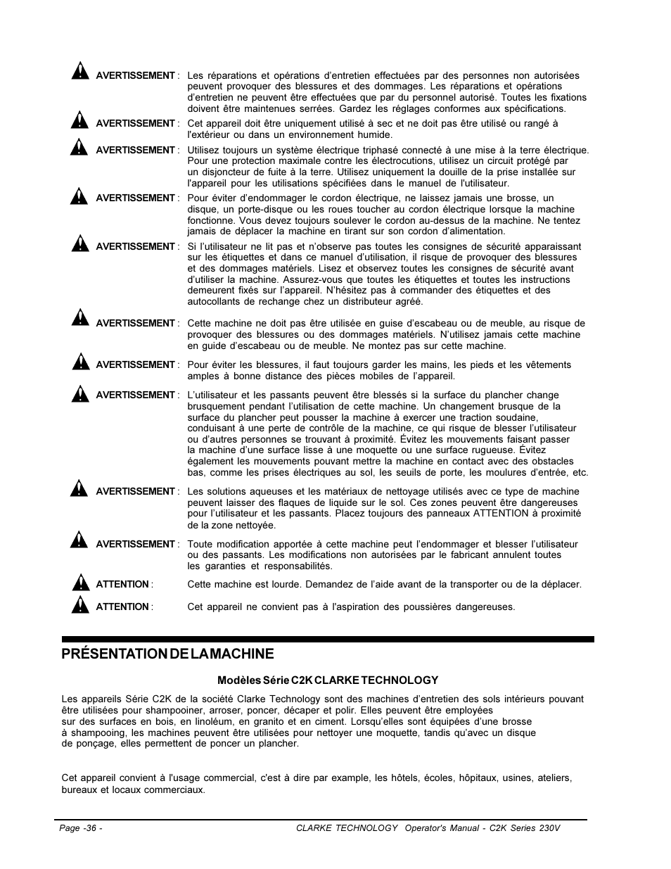 Présentation de la machine | Clarke C2K SERIES User Manual | Page 36 / 88