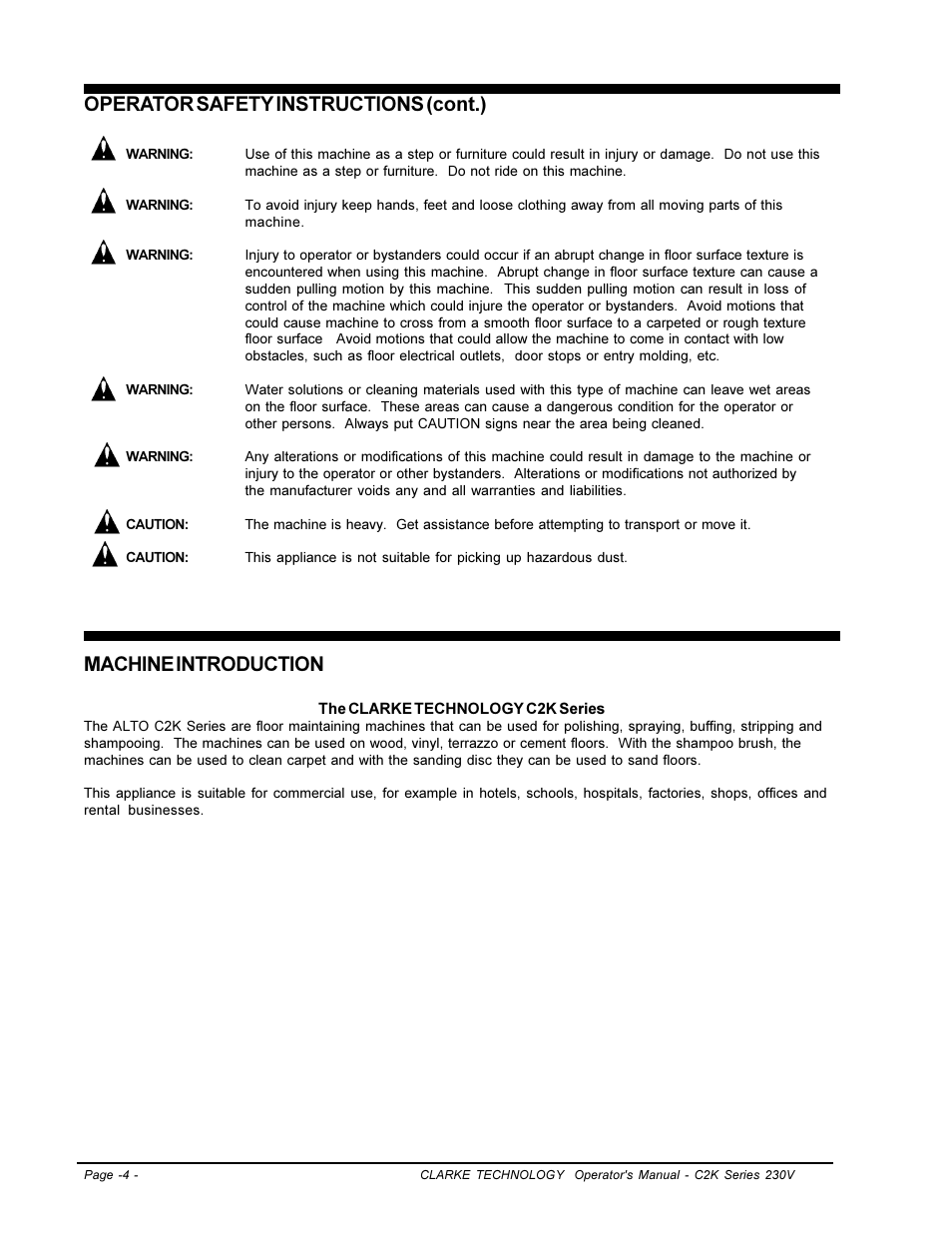 Operator safety instructions (cont.), Machine introduction | Clarke C2K SERIES User Manual | Page 4 / 88