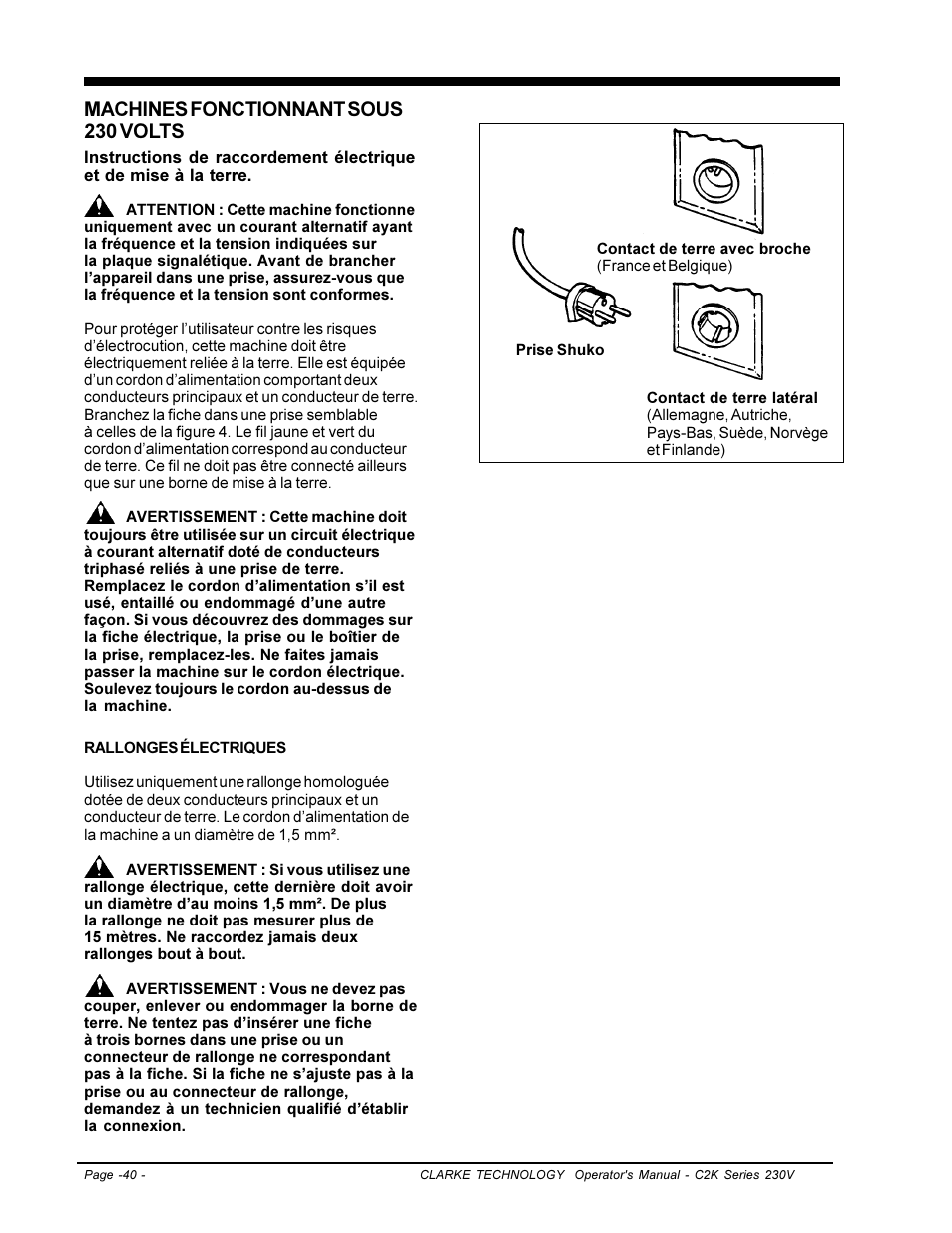 Machines fonctionnant sous 230 volts | Clarke C2K SERIES User Manual | Page 40 / 88