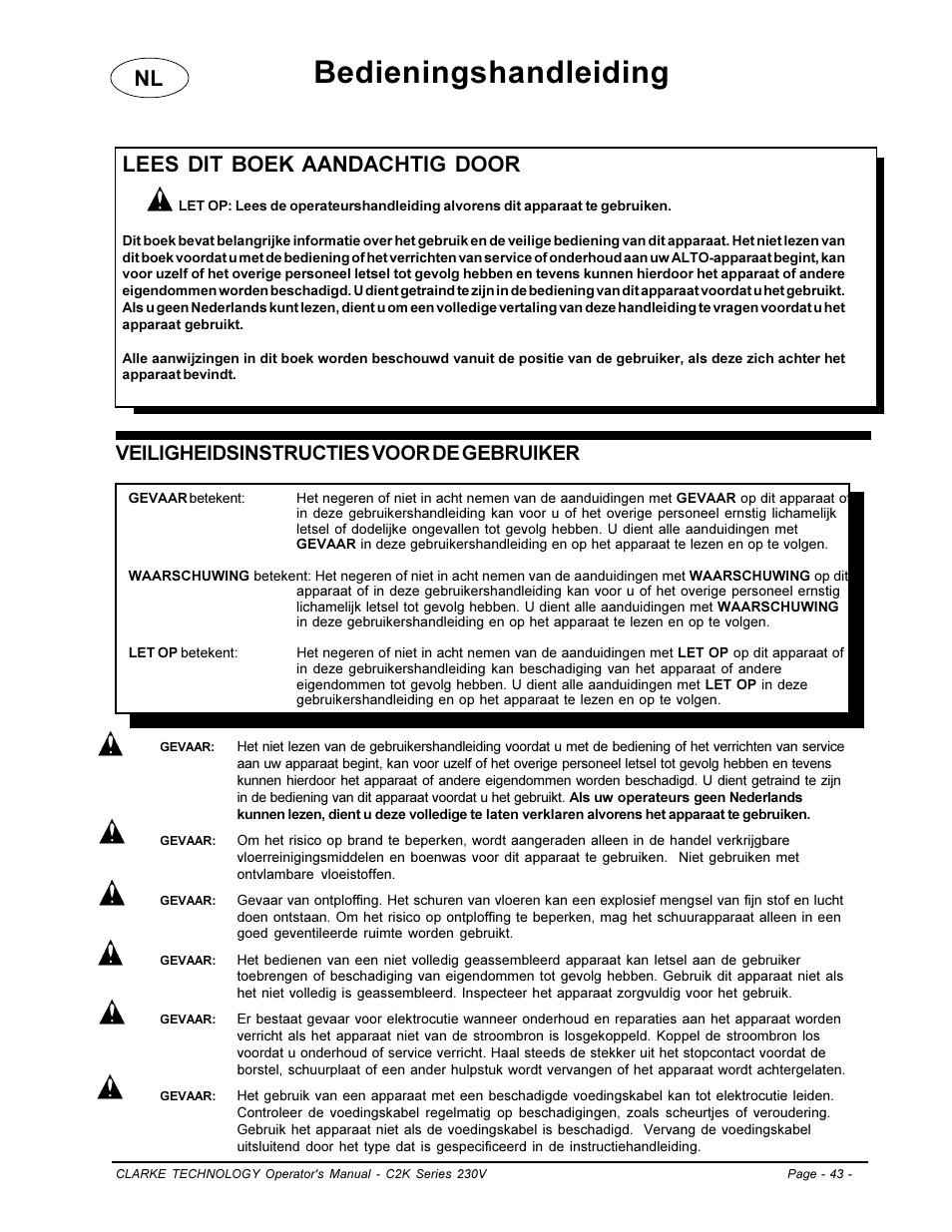 Bedieningshandleiding, Lees dit boek aandachtig door, Veiligheidsinstructies voor de gebruiker | Clarke C2K SERIES User Manual | Page 43 / 88