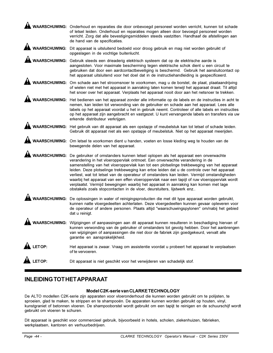 Inleiding tot het apparaat | Clarke C2K SERIES User Manual | Page 44 / 88