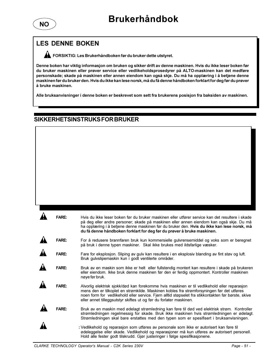 Brukerhåndbok, Les denne boken, Sikkerhetsinstruks for bruker | Clarke C2K SERIES User Manual | Page 51 / 88