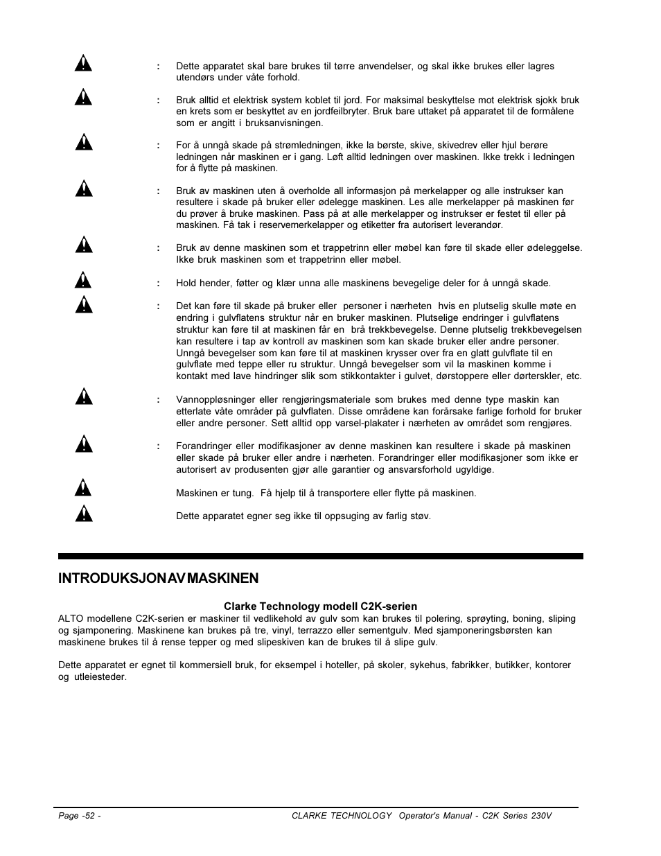Introduksjon av maskinen | Clarke C2K SERIES User Manual | Page 52 / 88