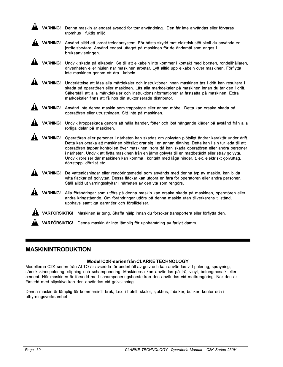 Maskinintroduktion | Clarke C2K SERIES User Manual | Page 60 / 88
