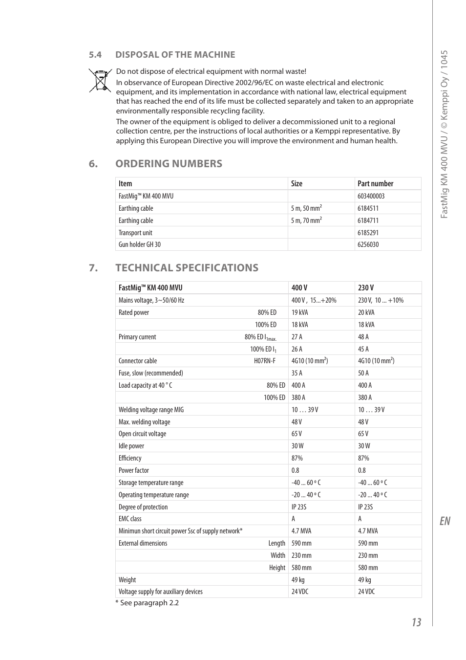 Ordering numbers, Technical specifications | Kemppi KM 400 MVU User Manual | Page 15 / 18
