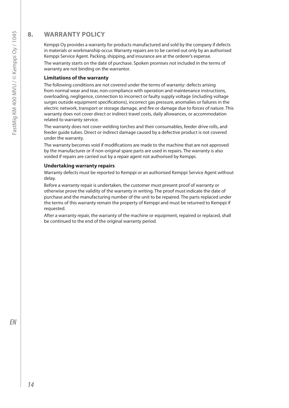 Warranty policy | Kemppi KM 400 MVU User Manual | Page 16 / 18