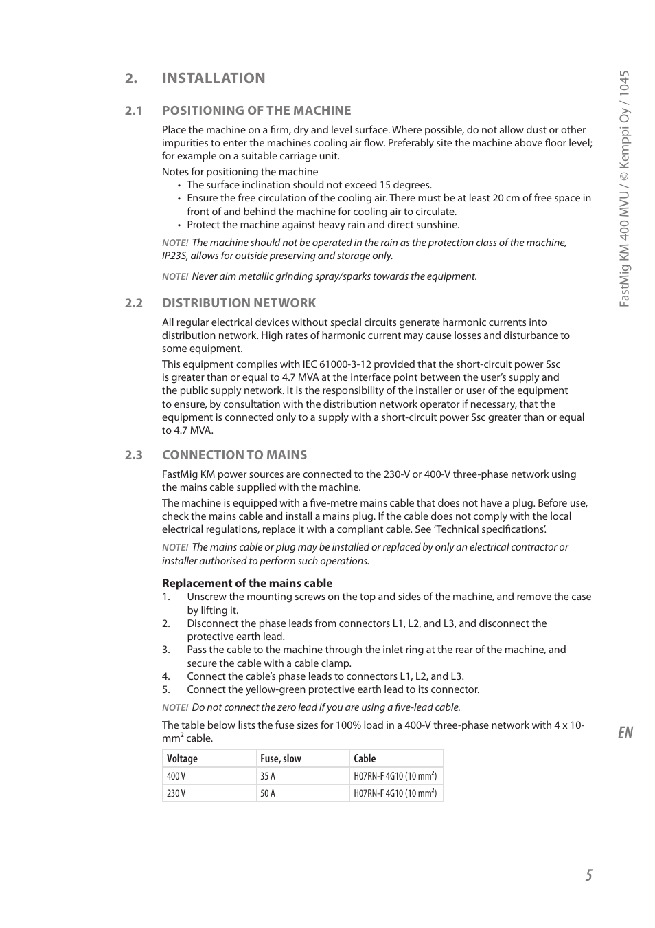 Installation | Kemppi KM 400 MVU User Manual | Page 7 / 18