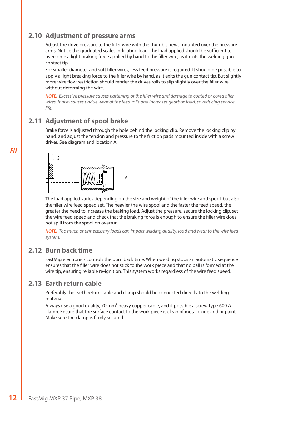 10 adjustment of pressure arms, 11 adjustment of spool brake, 12 burn back time | 13 earth return cable | Kemppi MXP 37 Pipe Stee User Manual | Page 14 / 30