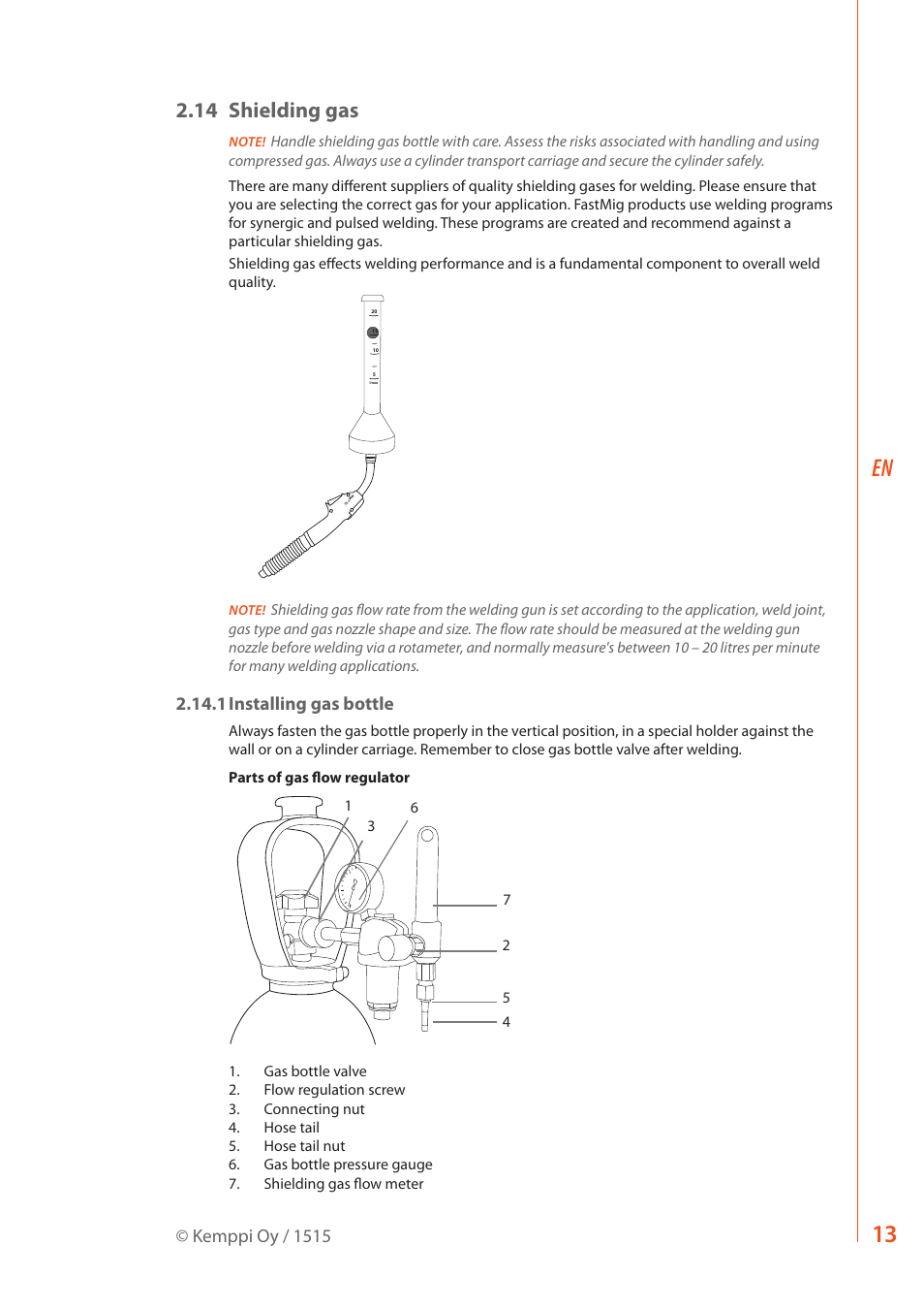 14 shielding gas, 1 installing gas bottle, Kemppi oy / 1515 | Kemppi MXP 37 Pipe Stee User Manual | Page 15 / 30