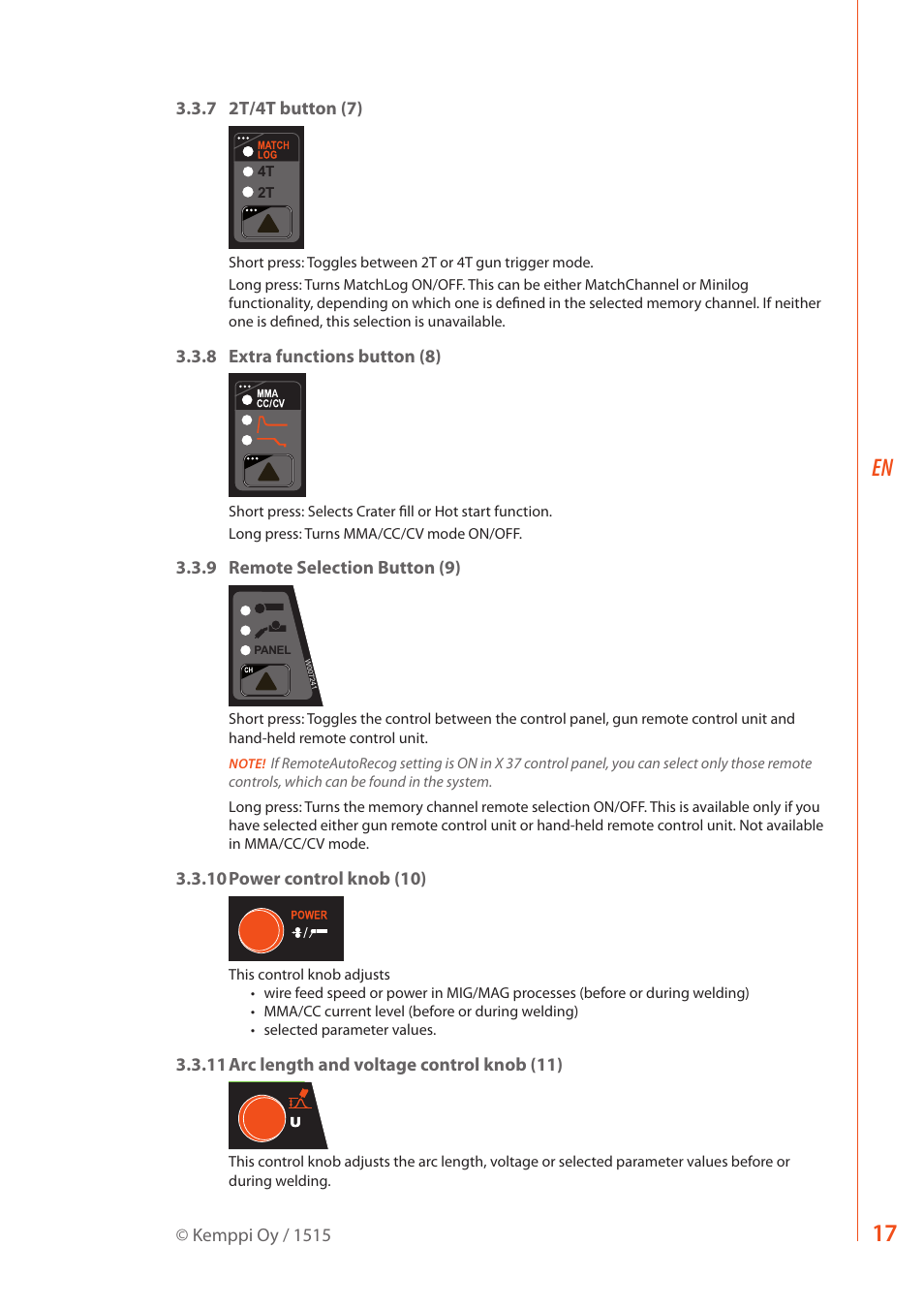 7 2t/4t button (7), 8 extra functions button (8), 9 remote selection button (9) | 10 power control knob (10), 11 arc length and voltage control knob (11), Kemppi oy / 1515 | Kemppi MXP 37 Pipe Stee User Manual | Page 19 / 30