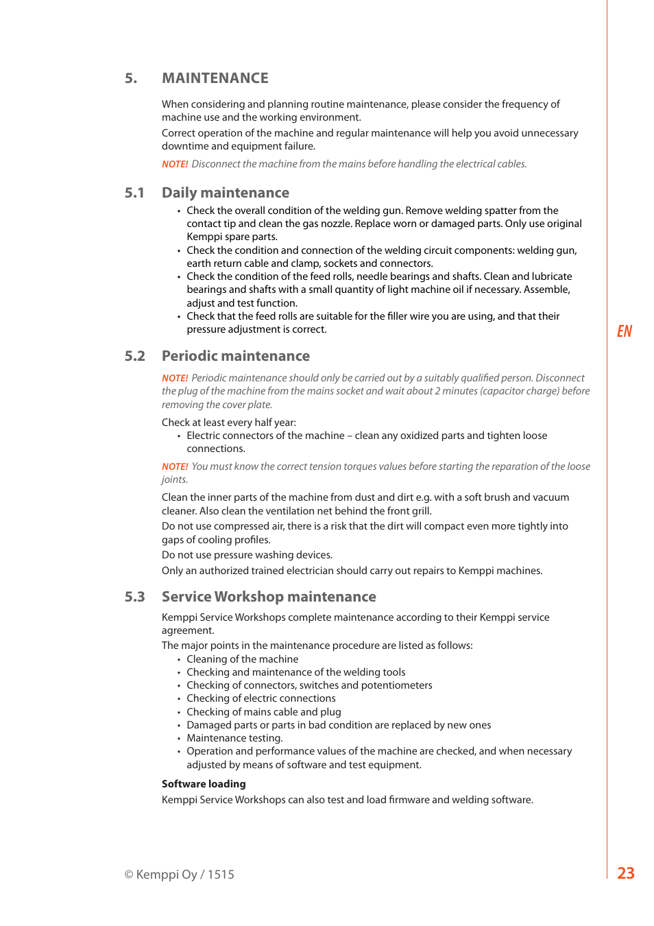 Maintenance, 1 daily maintenance, 2 periodic maintenance | 3 service workshop maintenance | Kemppi MXP 37 Pipe Stee User Manual | Page 25 / 30